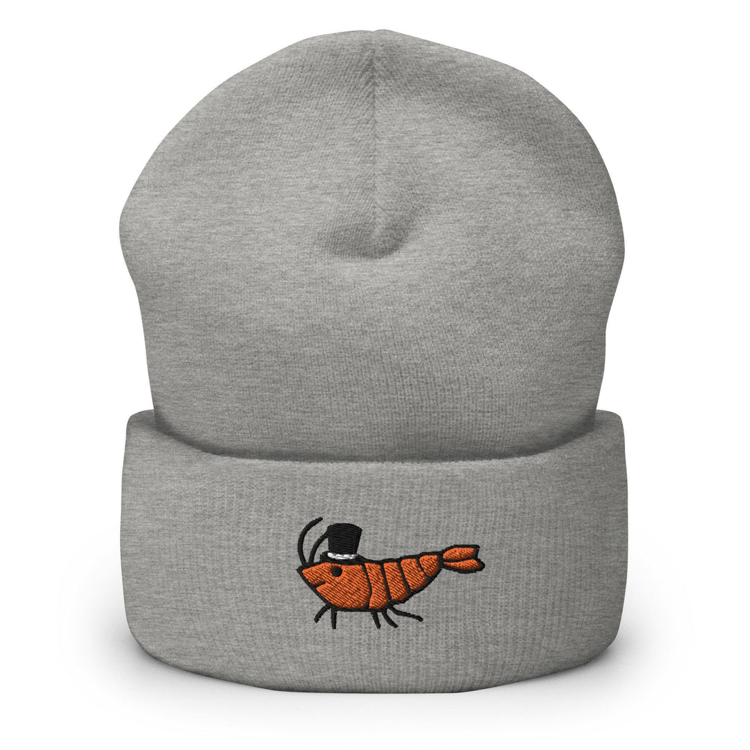 a grey beanie with an orange shrimp embroidered on it
