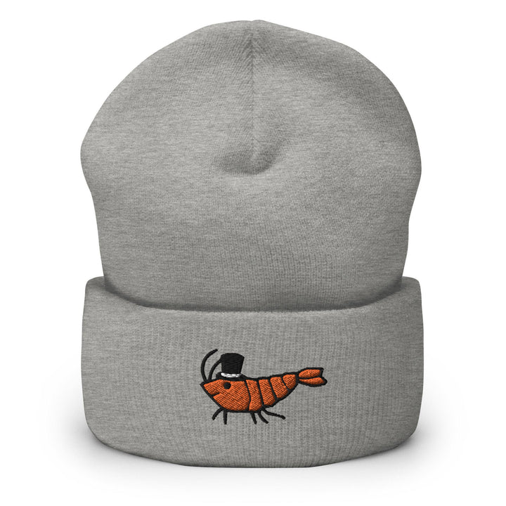 a grey beanie with an orange shrimp embroidered on it