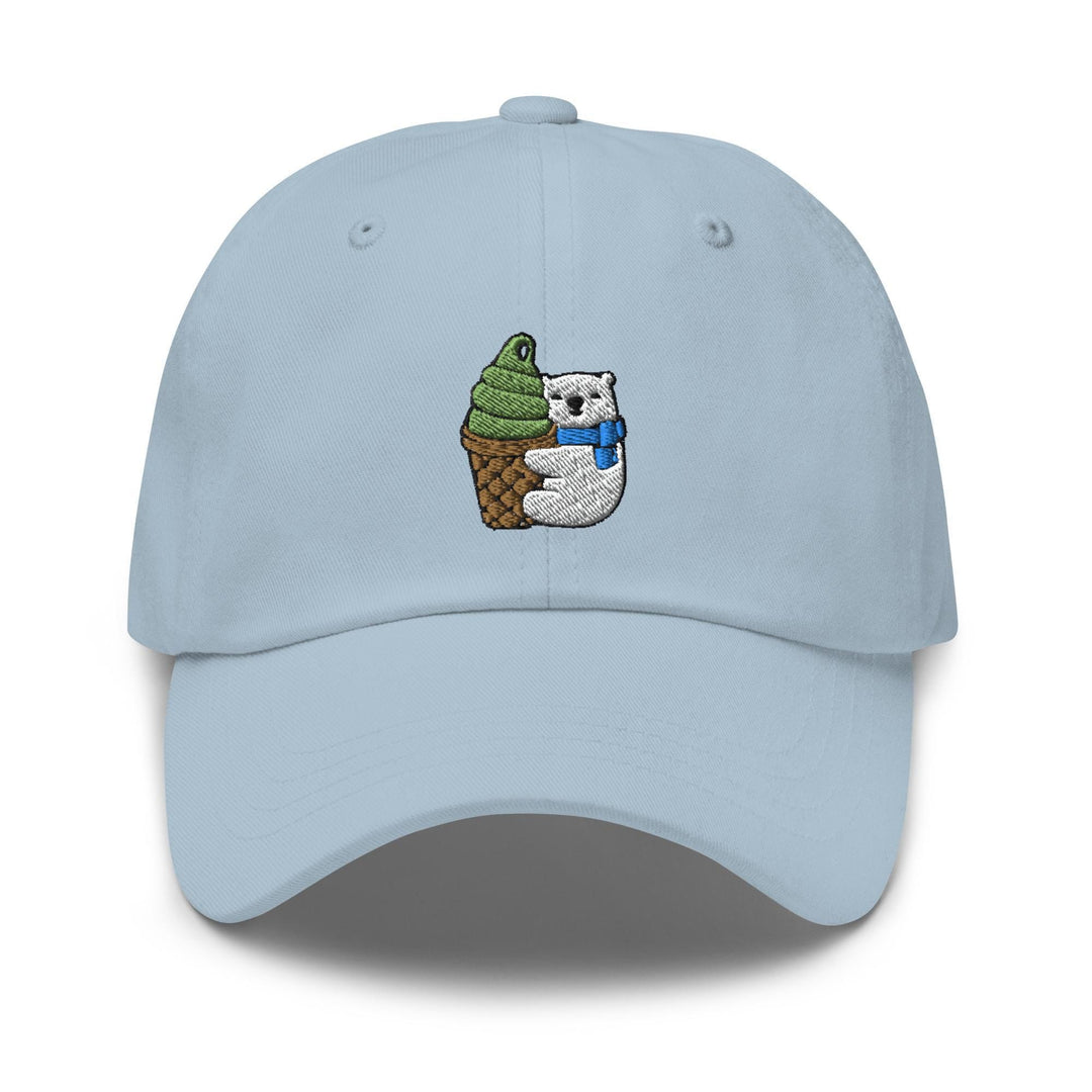 a light blue hat with an image of a panda bear holding an ice cream cone
