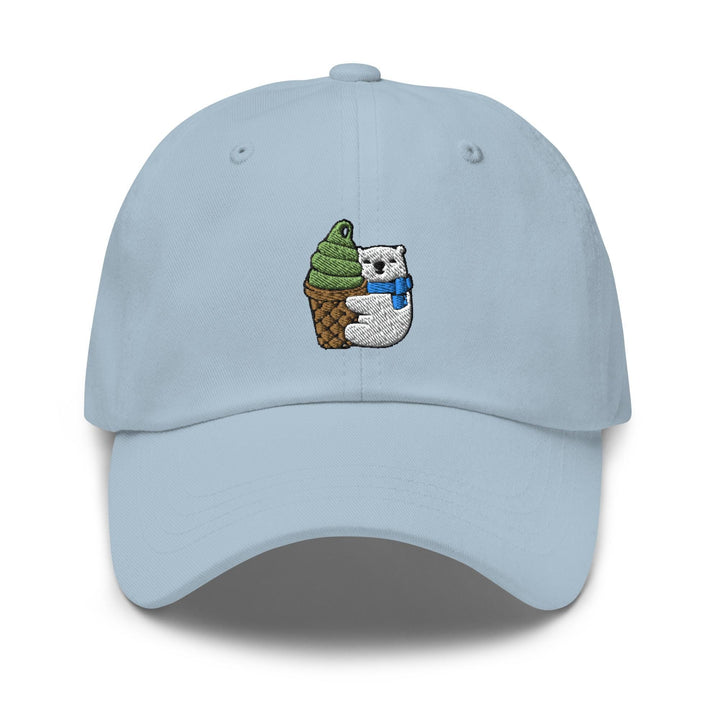 a light blue hat with an image of a panda bear holding an ice cream cone