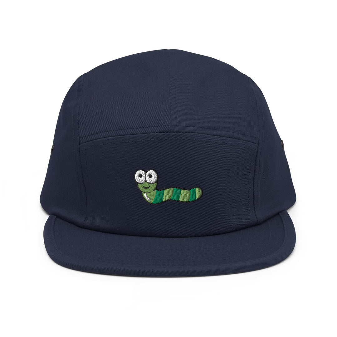 a blue hat with a green caterpillar embroidered on it
