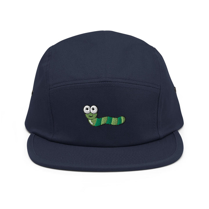 a blue hat with a green caterpillar embroidered on it