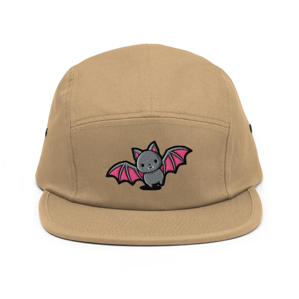 a brown hat with a bat embroidered on it