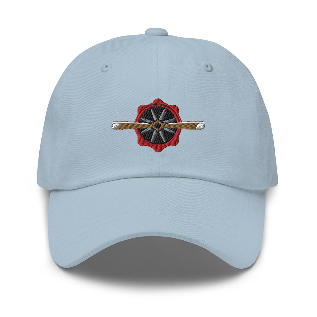 a light blue hat with a red rose on it