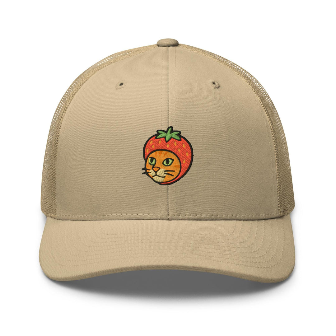 a baseball cap with a picture of a cat inside of a strawberry