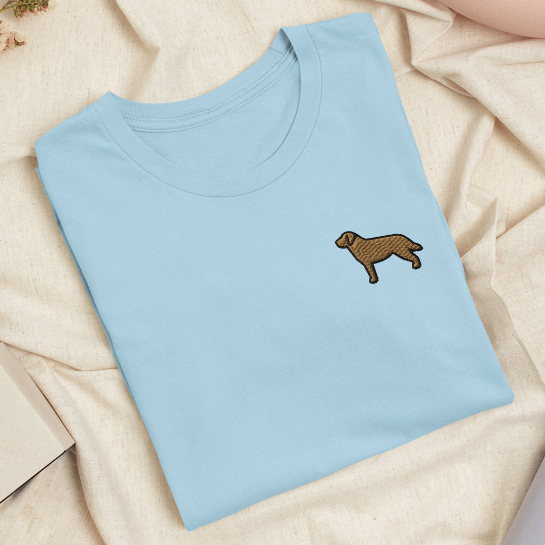 a blue shirt with a brown dog on it