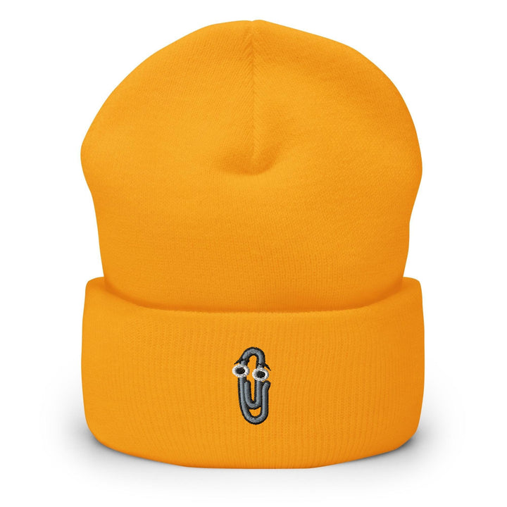 a yellow beanie with a blue logo on it