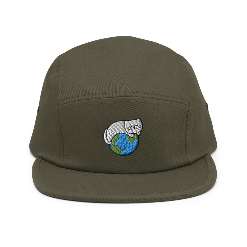 a green hat with a cat on it