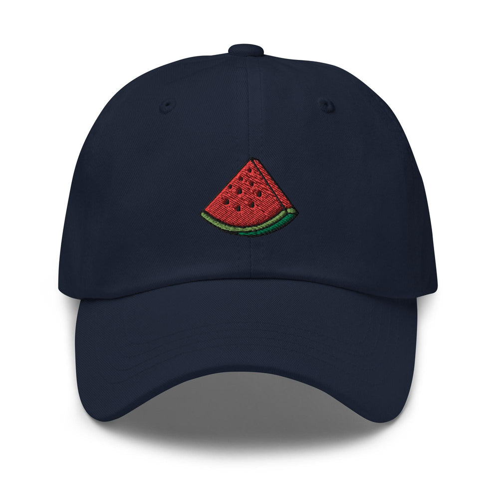 a blue hat with a watermelon slice embroidered on it