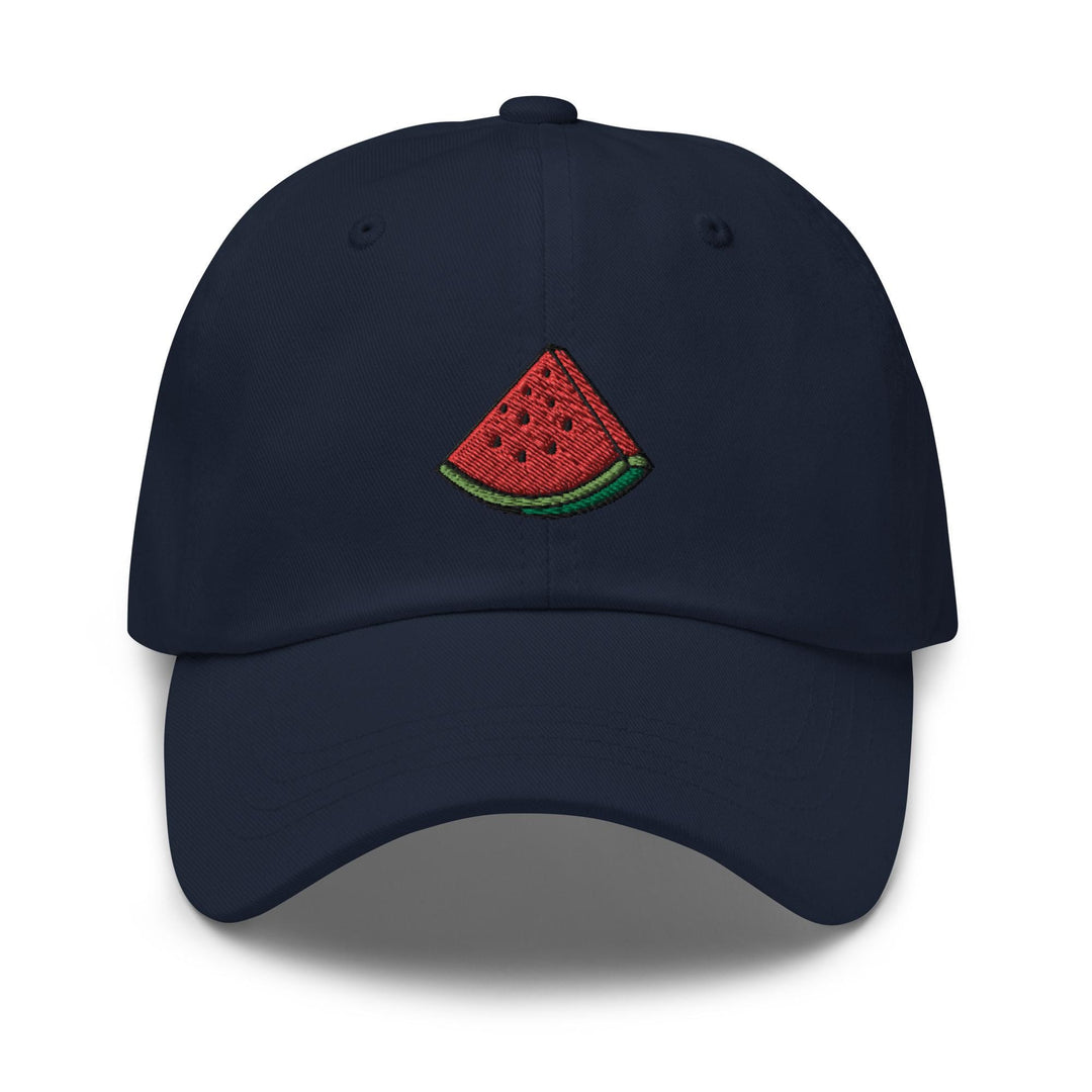 a blue hat with a watermelon slice embroidered on it