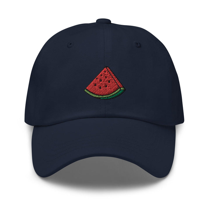 a blue hat with a watermelon slice embroidered on it