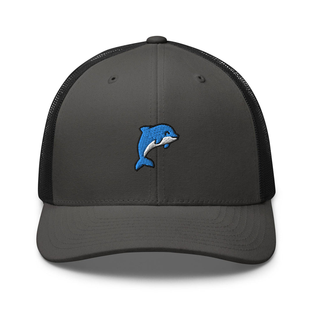 a gray and black trucker hat with a dolphin embroidered on the front