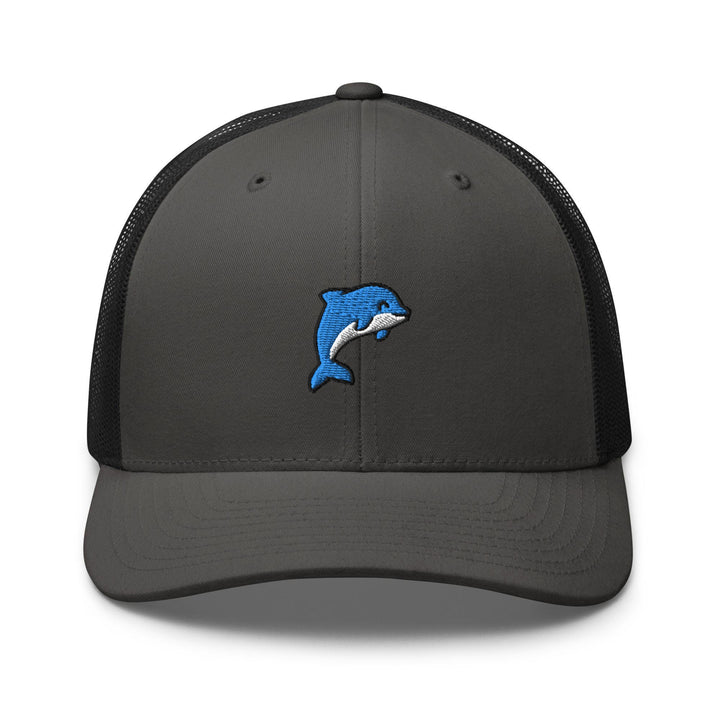 a gray and black trucker hat with a dolphin embroidered on the front