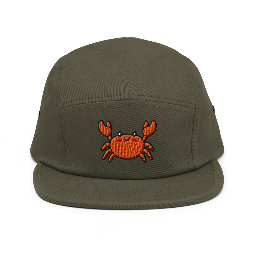 a green hat with a crab embroidered on it