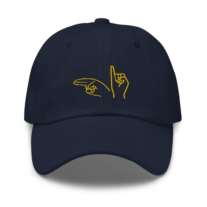 a blue hat with a yellow logo on it