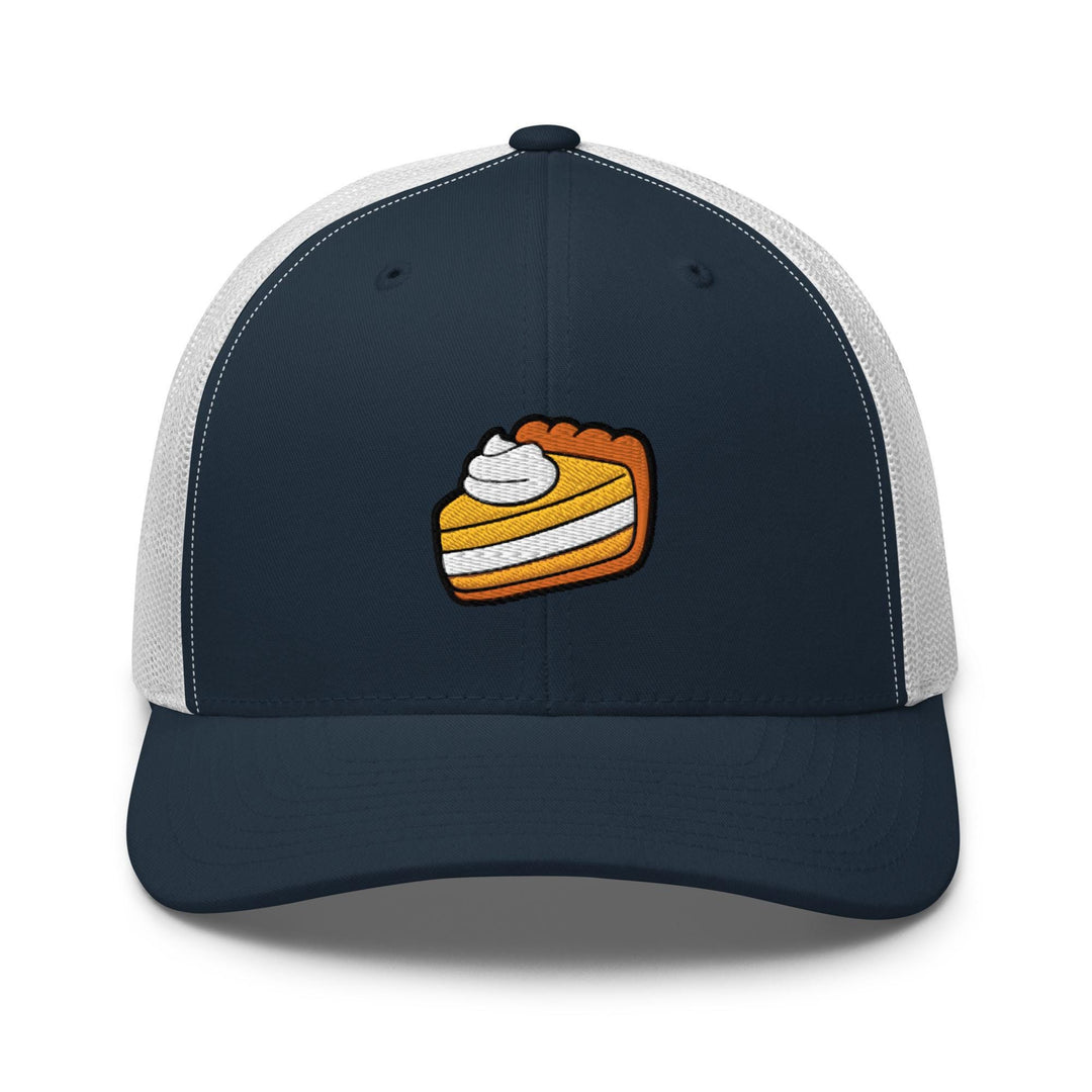 a blue and white trucker hat with a piece of pie on it