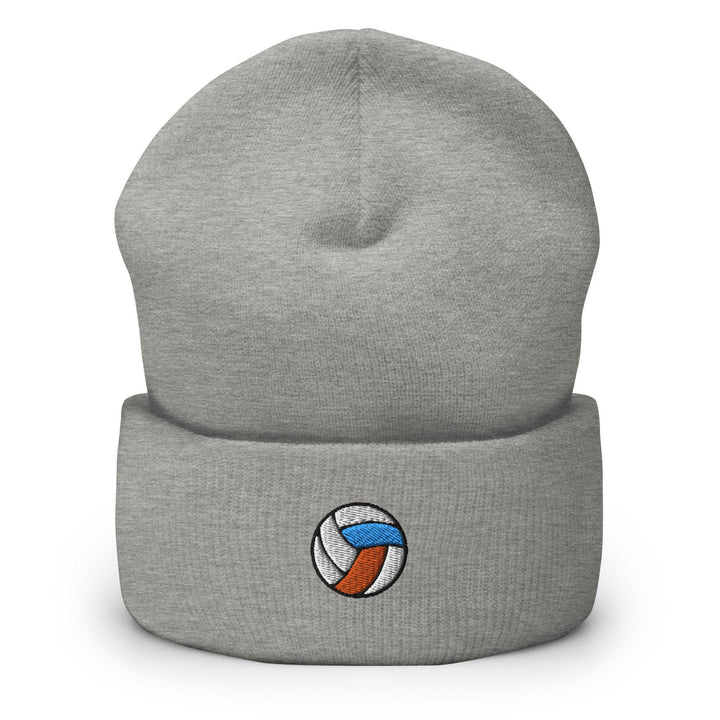 a grey beanie with a volleyball ball on it