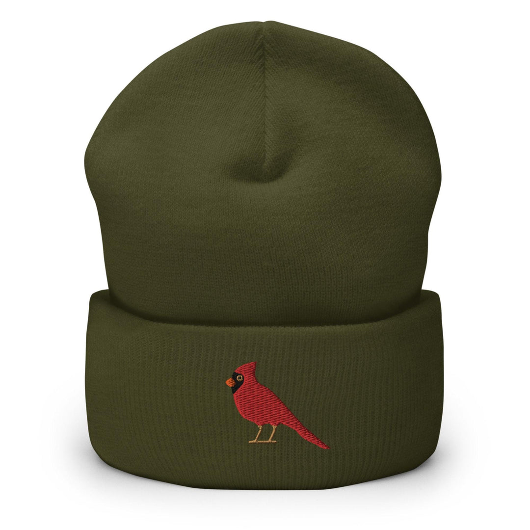 a green beanie with a red cardinal embroidered on it