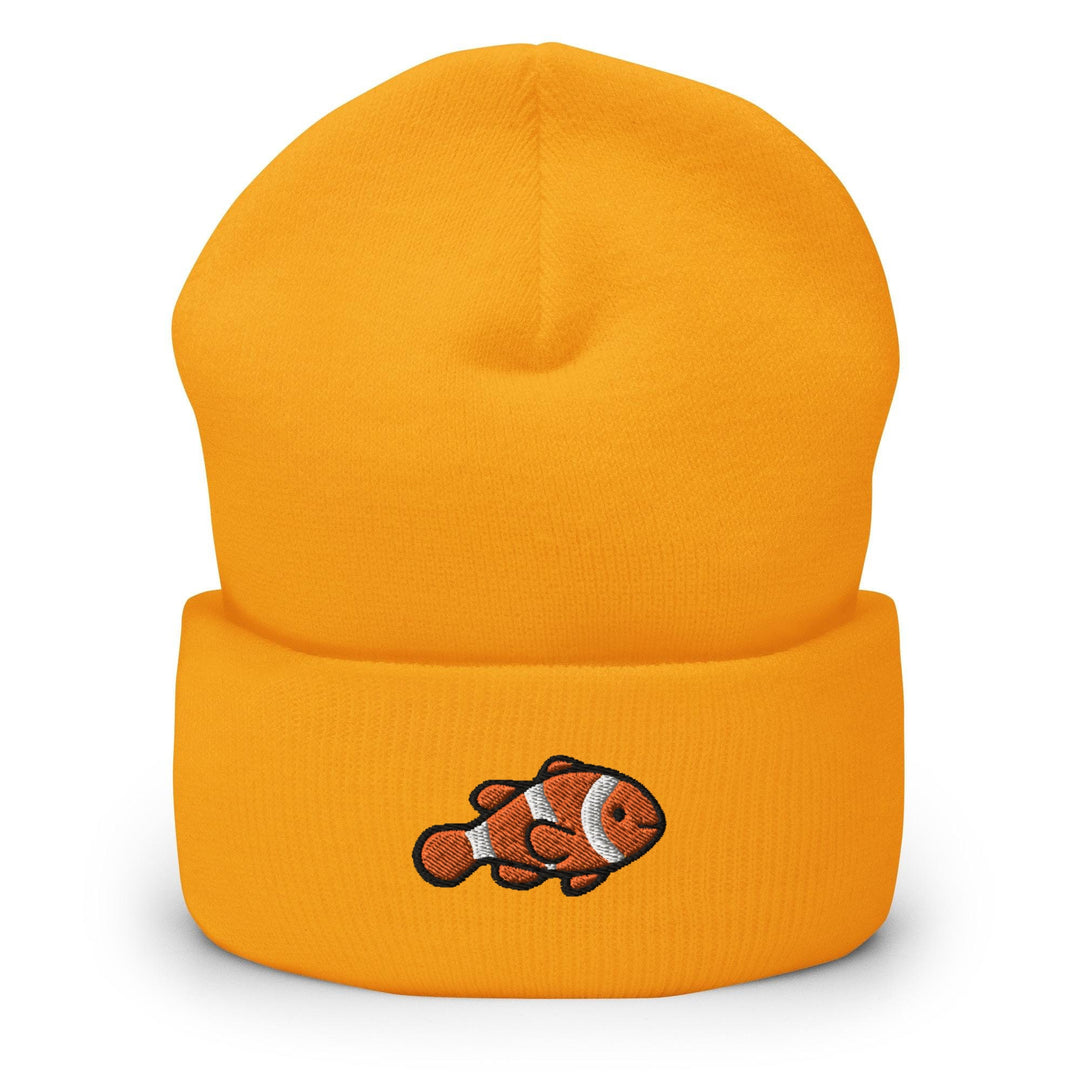 an orange beanie with a clown fish on it