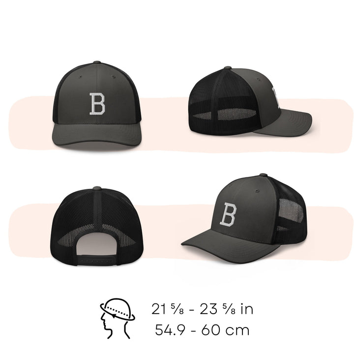 a set of three different hats with the letter b on them