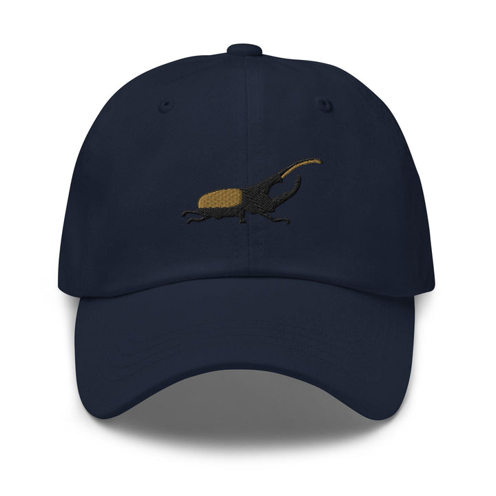 a blue hat with an image of a bug on it