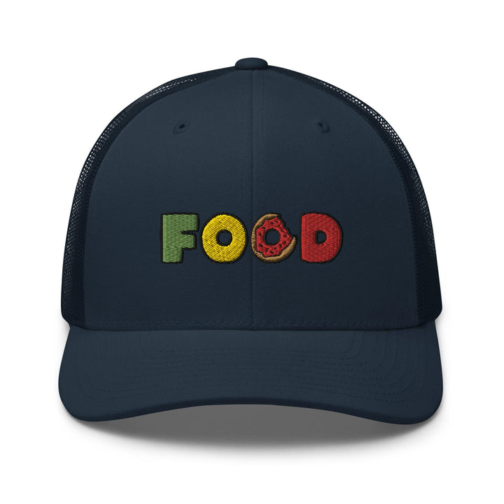 a blue trucker hat with the word food printed on it