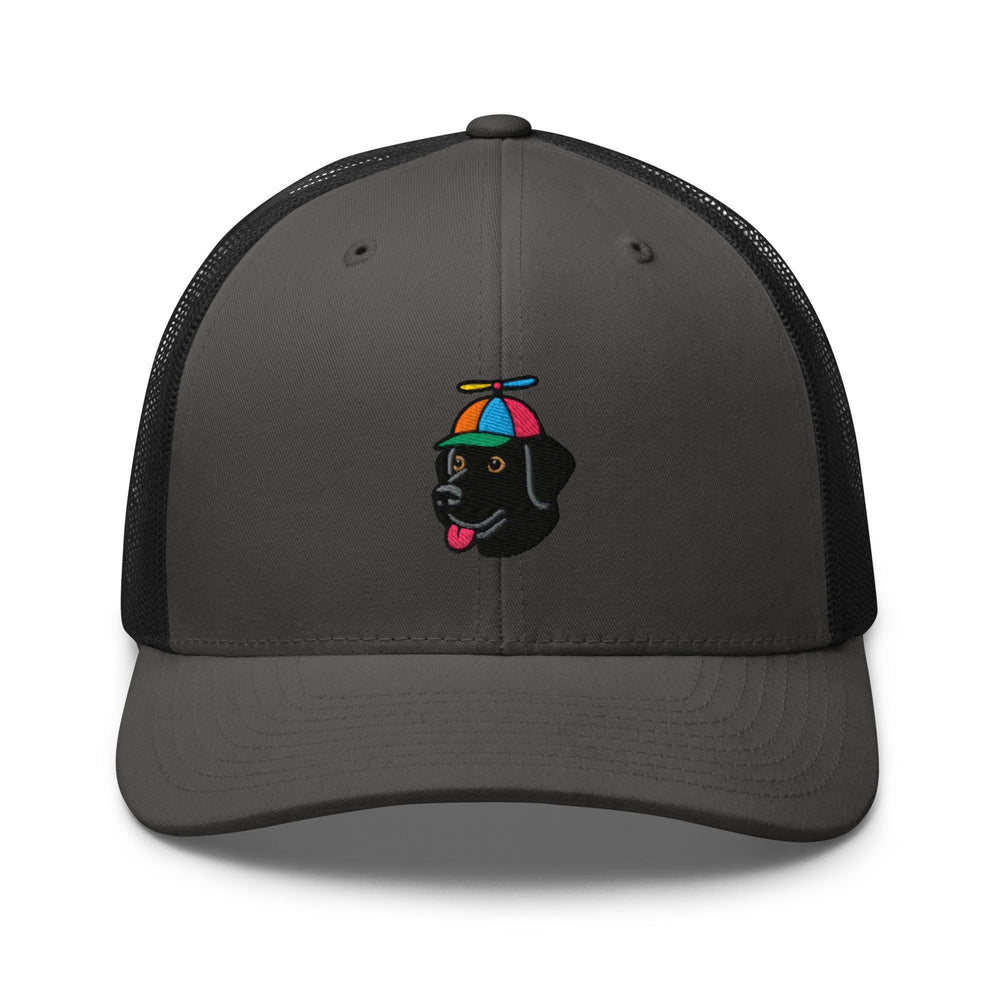 a gray and black trucker hat with a black dog on it