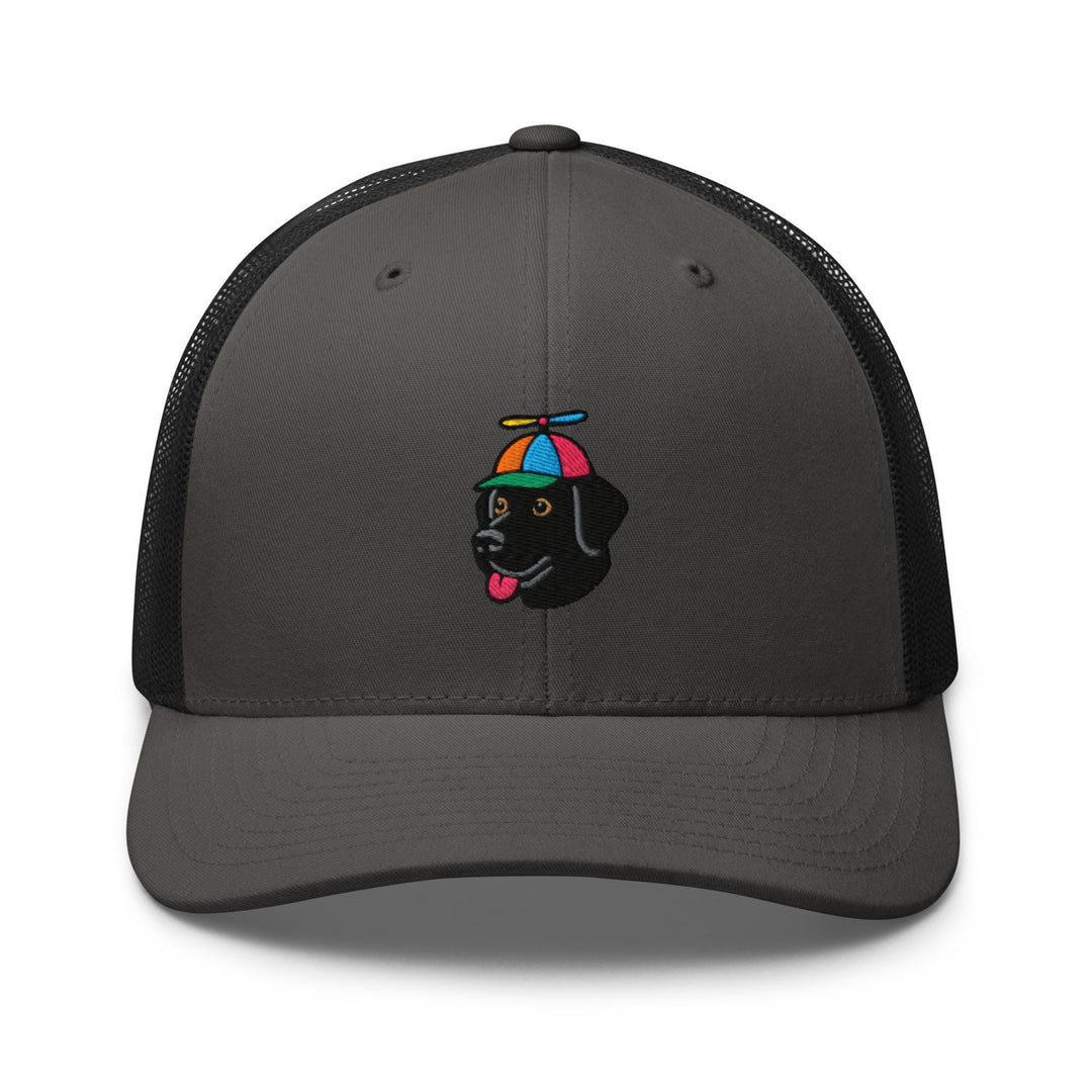a gray and black trucker hat with a black dog on it