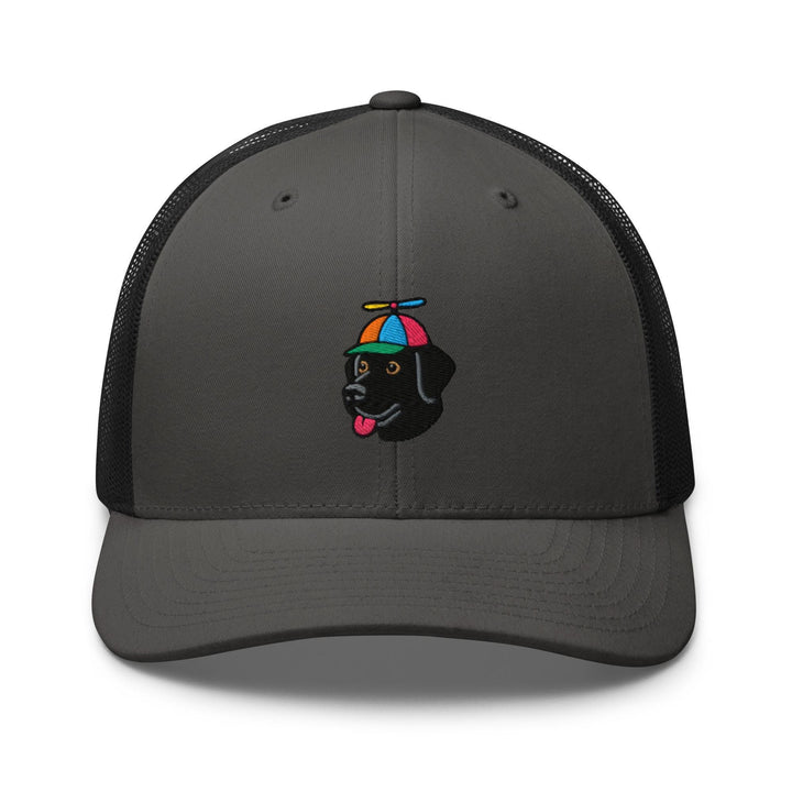 a gray and black trucker hat with a black dog on it