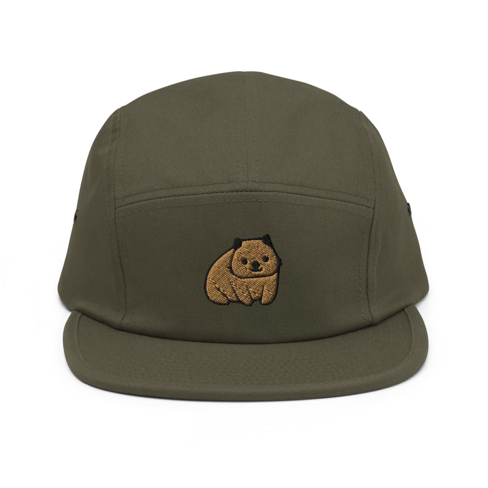 a green hat with a brown bear embroidered on it