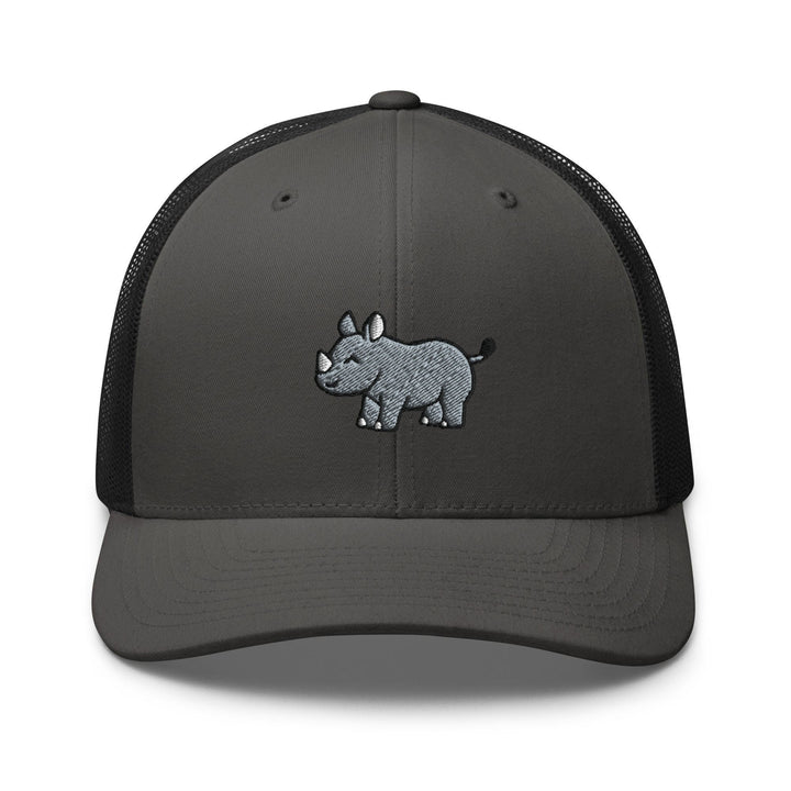 a rhino trucker hat with a rhino embroidered on the front