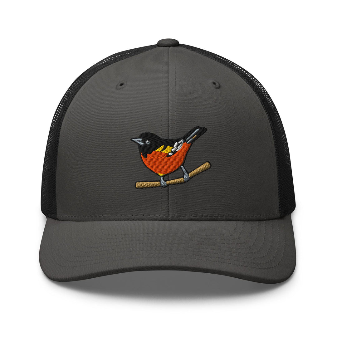 a gray and black hat with a red bird on it