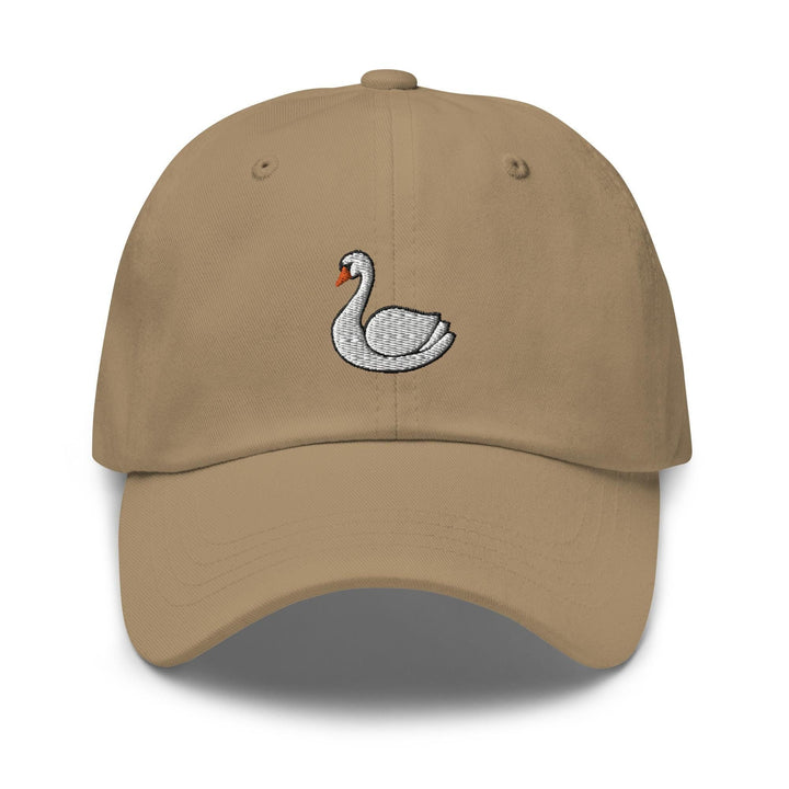 a tan hat with a white swan embroidered on it