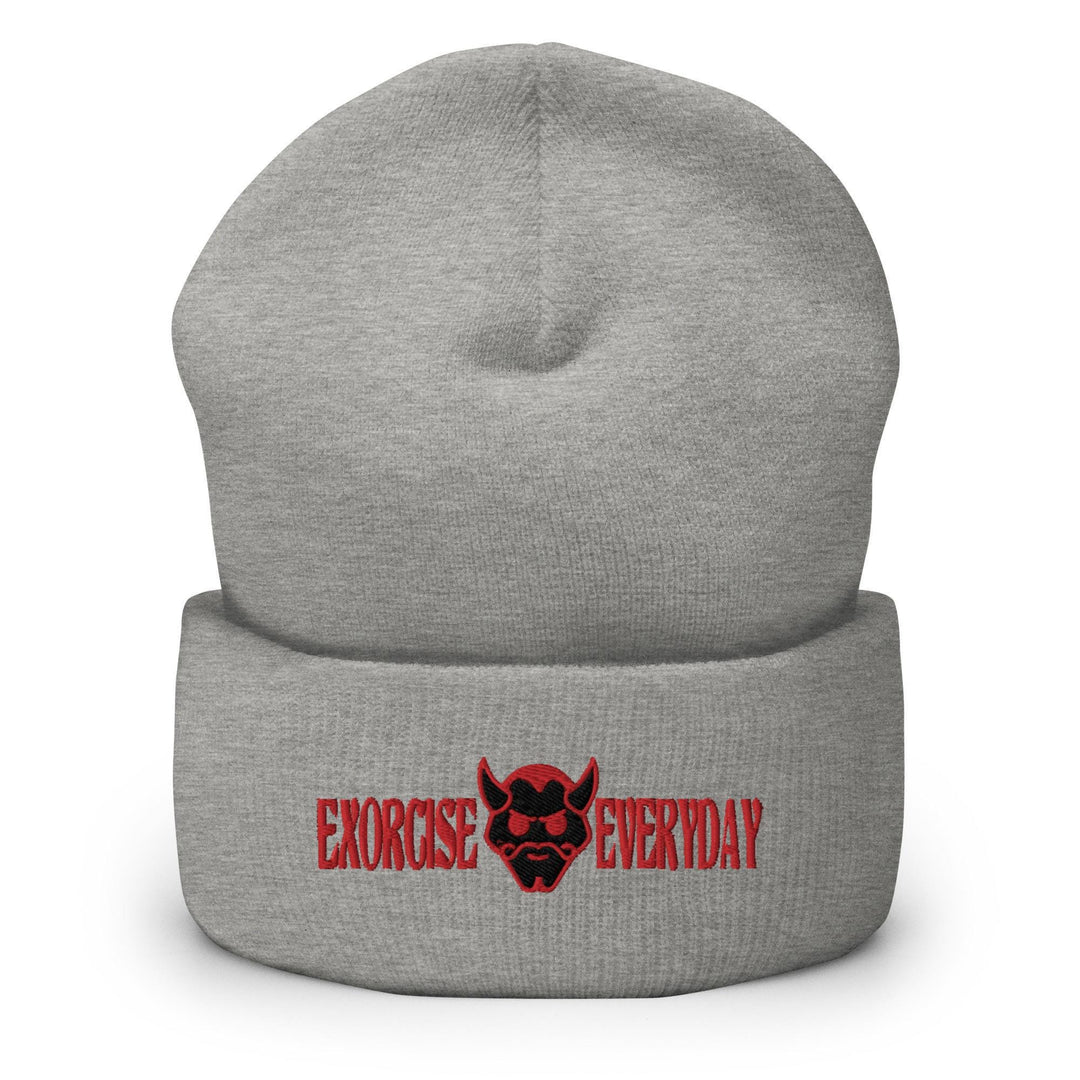 a grey beanie with the words exercise everyday on it
