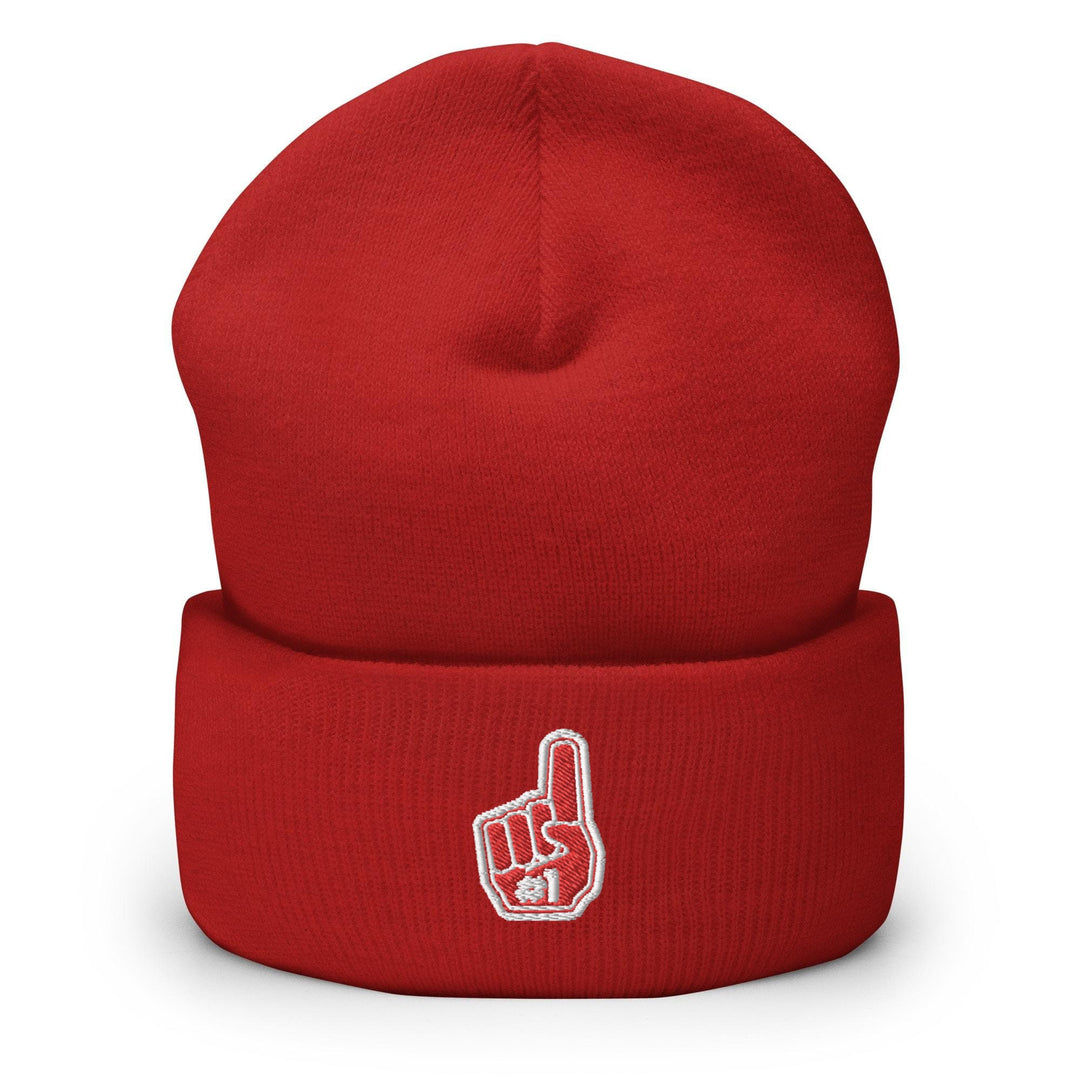 a red beanie hat with a thumb up sign