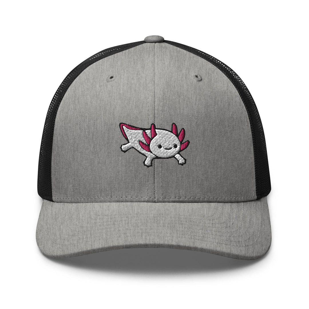 a gray and black trucker hat with a cartoon character on it