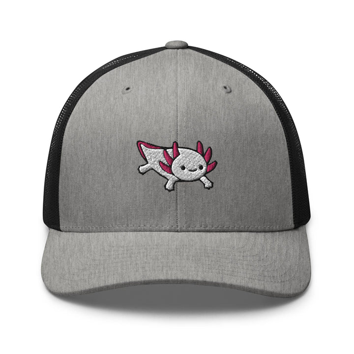 a gray and black trucker hat with a cartoon character on it