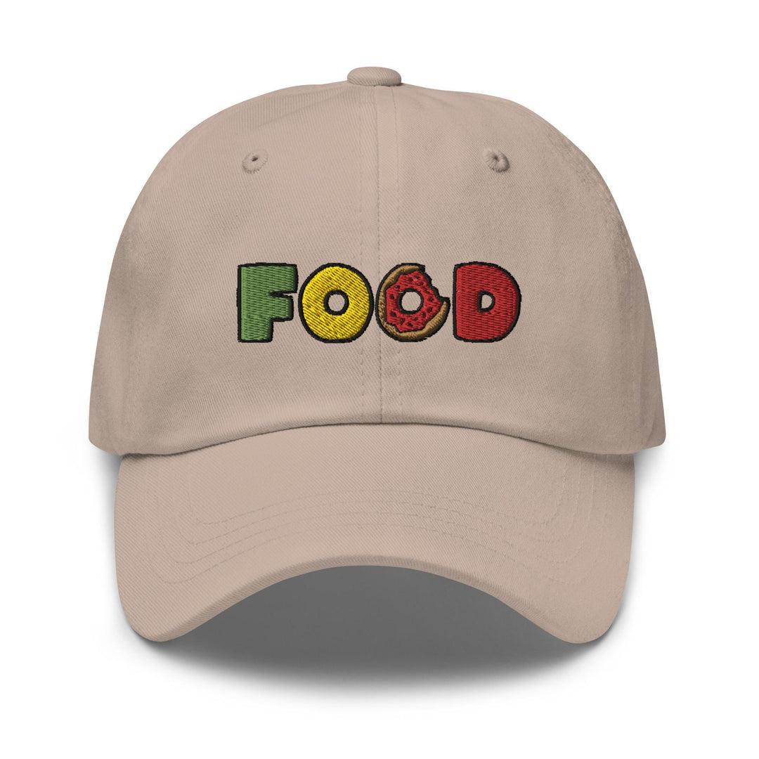 a hat with the word food embroidered on it