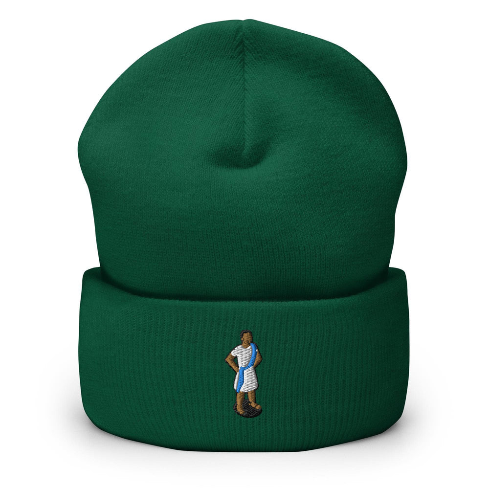 a green beanie with a picture of a person wearing a blue and white shirt