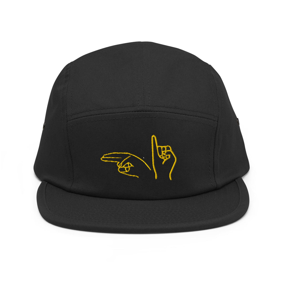 a black hat with yellow writing on it