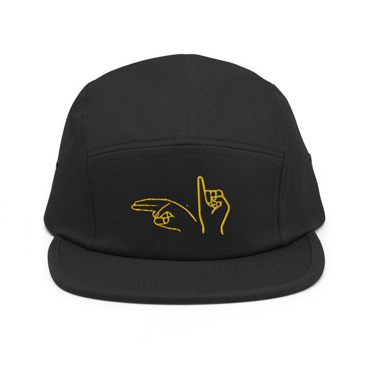 a black hat with yellow writing on it