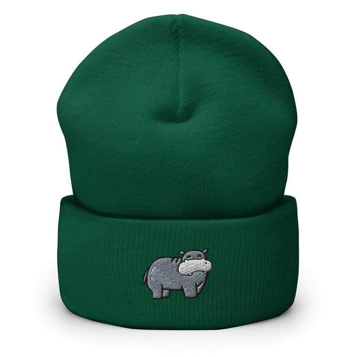 a green beanie with a rhino embroidered on it