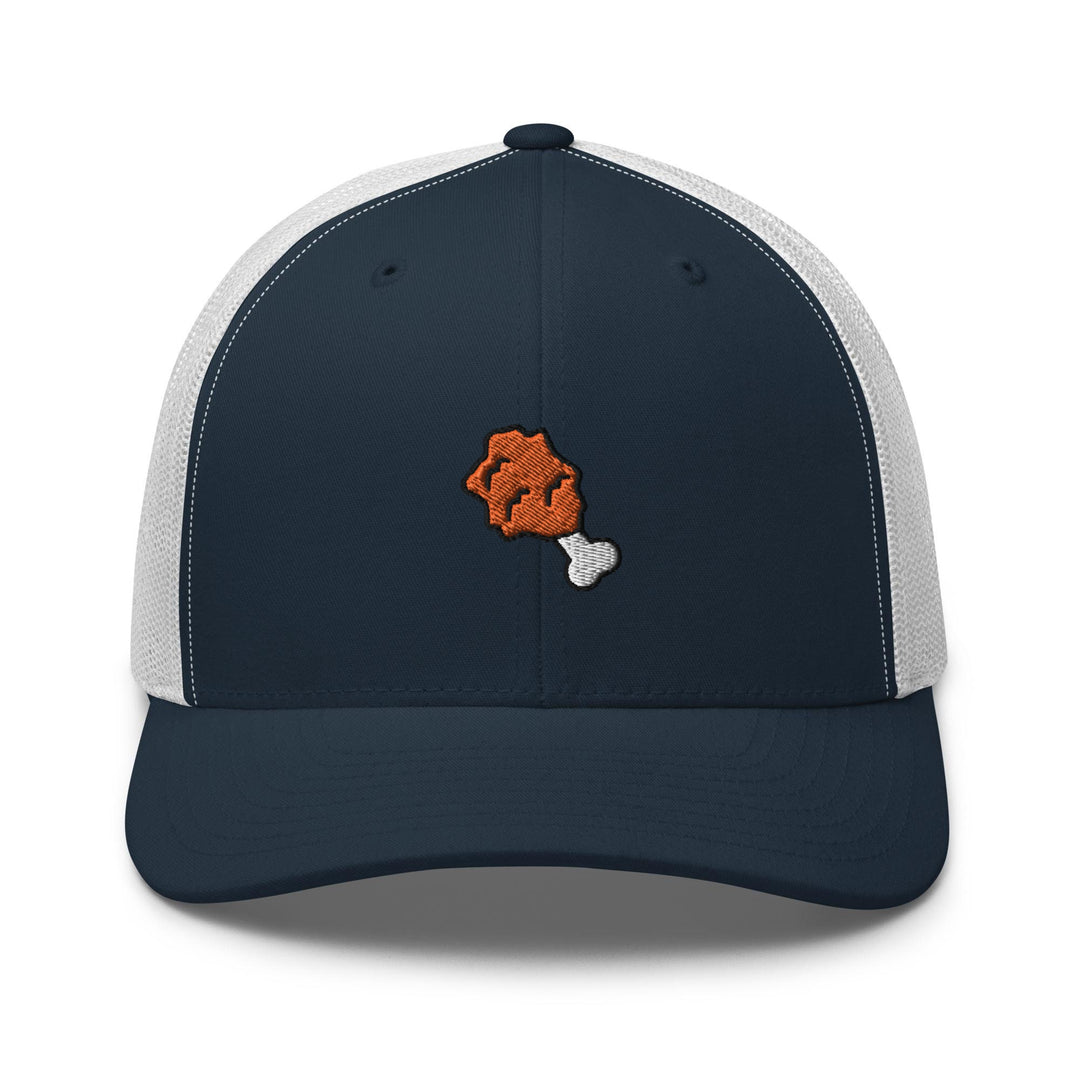 a blue and white trucker hat with an orange teddy bear