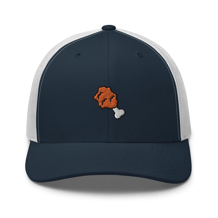 a blue and white trucker hat with an orange teddy bear