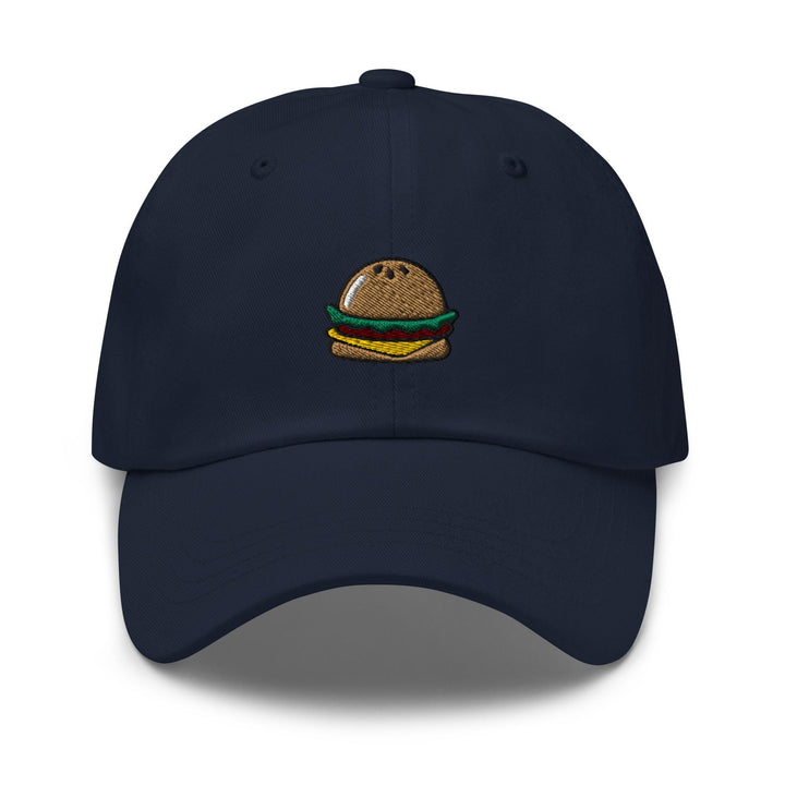 a hat with a hamburger embroidered on it