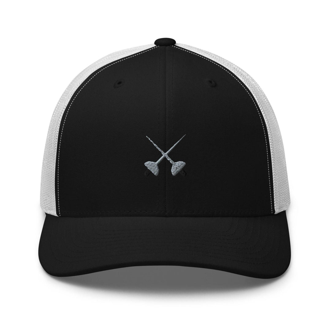 a black and white hat with two crossed swords