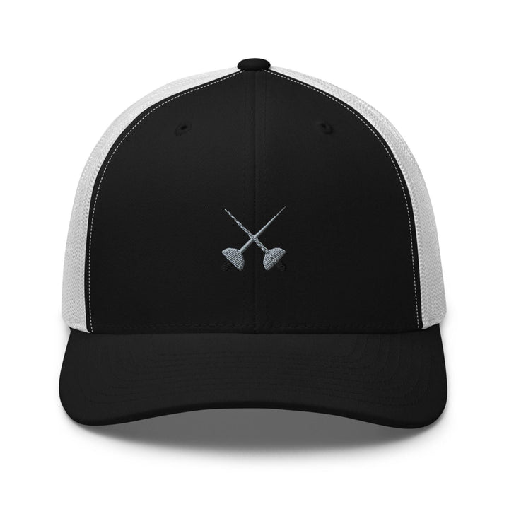 a black and white hat with two crossed swords