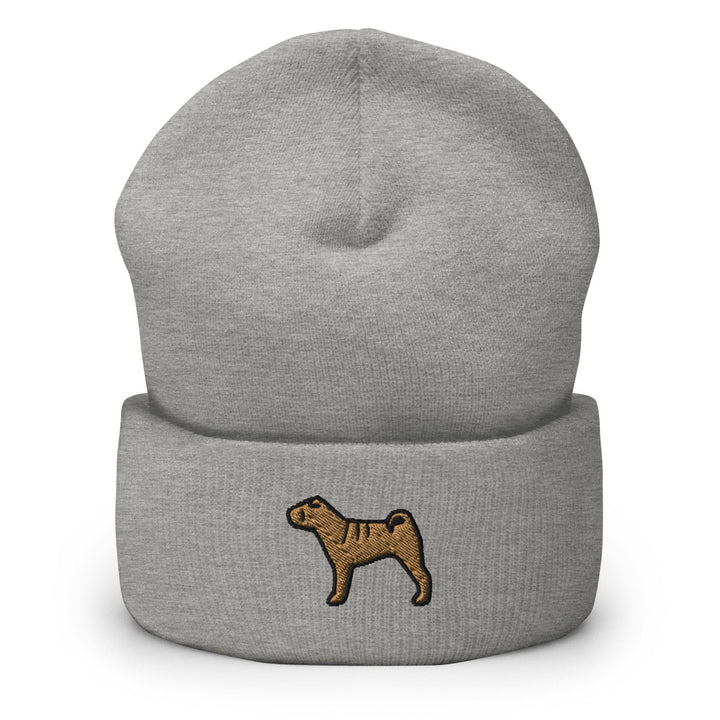 a grey beanie with a brown dog on it