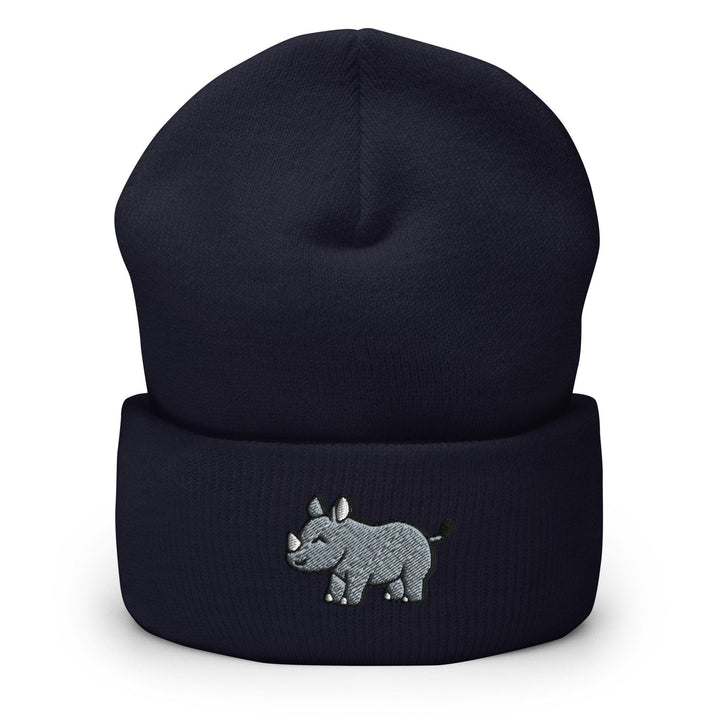 a black hat with a rhino embroidered on it