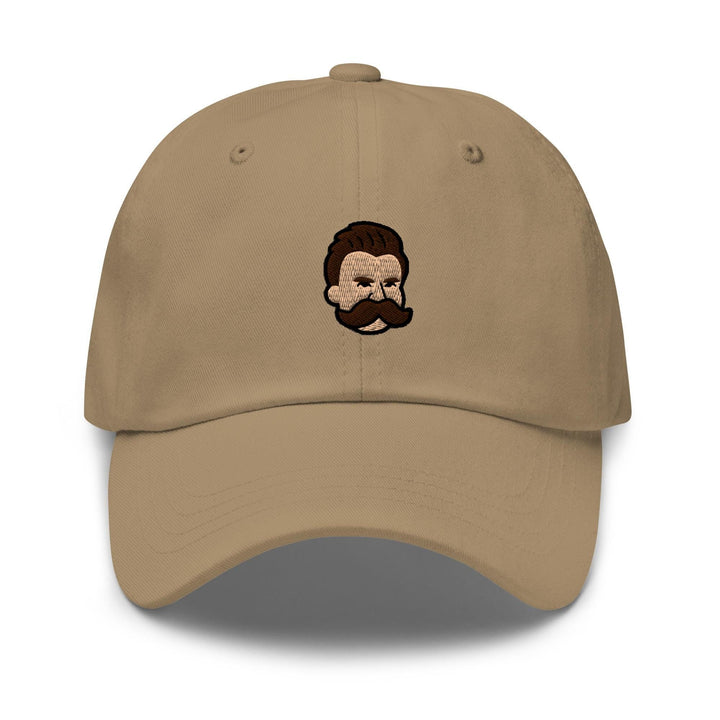 a baseball cap with a picture of a man with a mustache